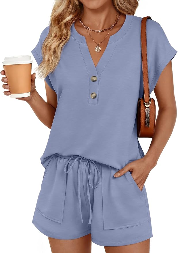 LILLUSORY 2 Piece Summer Set 2026 Henley Top & Drawstring Shorts with Pockets