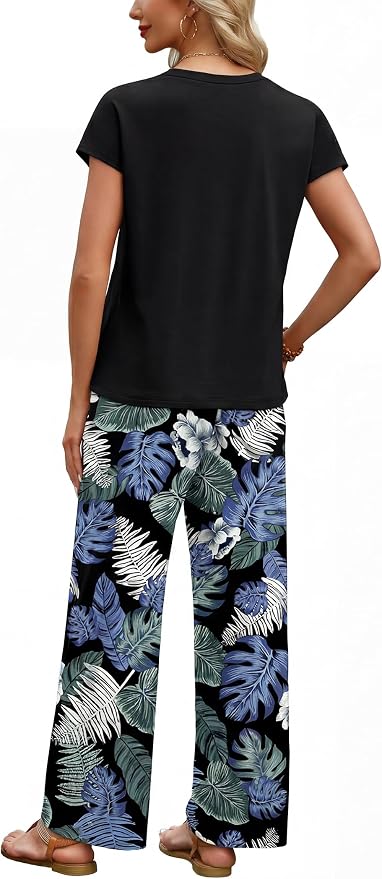 WIHOLL Two Piece Set for Women Summer Spring Outfits Matching Sets Women Clothing Airport Travel Vacation Wide Leg Pants