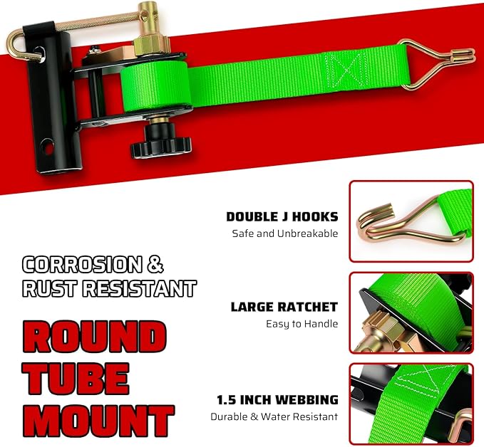 Green Rack Straps with J-Hook (4PK),1.5" x7.5' Ladder Rack Ratchet Straps, 2" Round Tube Mount, Perfect Ladder Rack Tie-Downs for Trailer Cargo Control