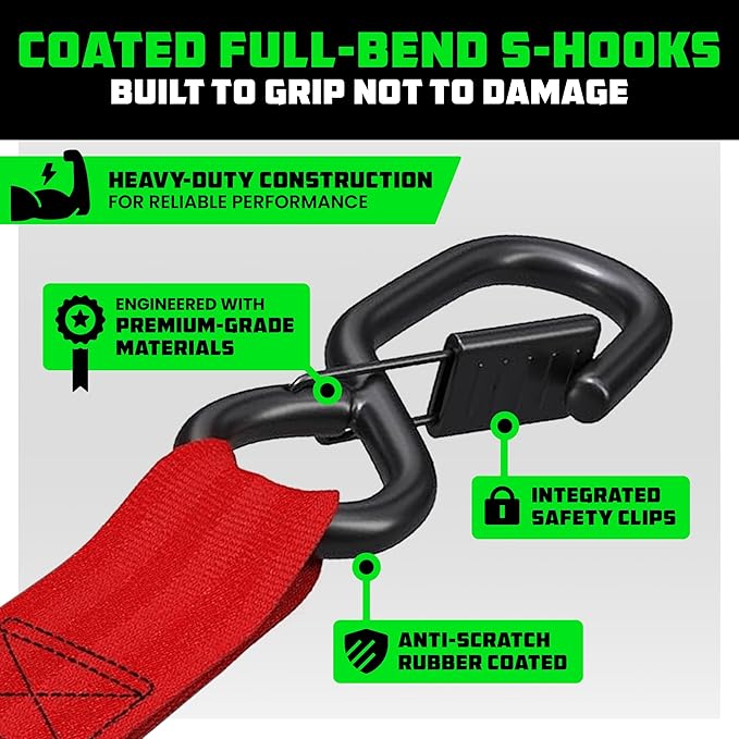 Rhino USA Ratchet Straps Heavy Duty Kit (4-Pack) - 1.6 Inch x 8 Feet Min Break Strength (5,000) - Ultimate Tie Down Straps with Safety S Hooks for Trucks, ATV, UTV, Motorcycle, Cargo & More - Red