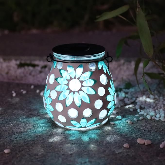 Afirst Mosaic Solar Lanterns Outdoor - Glass Hanging Solar Lights Hollow Out Waterproof Table Lamp Outdoor Decorative for Garden, Patio, Holiday Party Outdoor Decoration