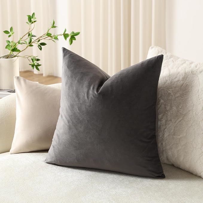Euro Sham Covers 24x24 Dark-Grey: Pack of 2 Cozy Soft Velvet Square Modern Luxury Decorative Throw Pillow Cases for Sofa Couch Living Room Bed Home Decor