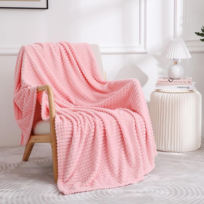 Puncuntex Fleece Throw Blanket Light Pink 90"×90" with Square Grid Design | Super Soft Plush Cozy Flannel Throw Blanket Luxury for Couch Sofa Chair
