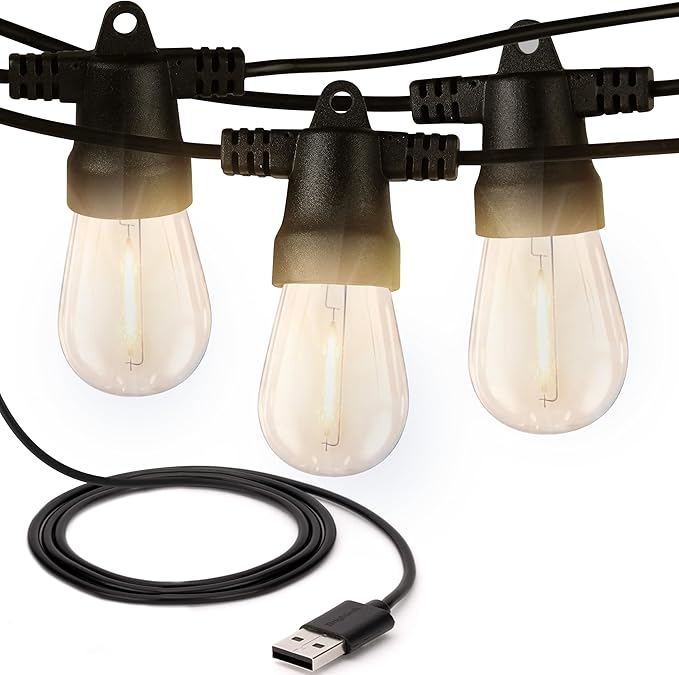 Brightech Ambience Pro USB Powered String Lights - 24 Ft Commercial Grade Waterproof String Lights - Outdoor Shatterproof Patio Lights for Camping, Backyard, Porch, Christmas - 1W 12 Bulbs, Warm White