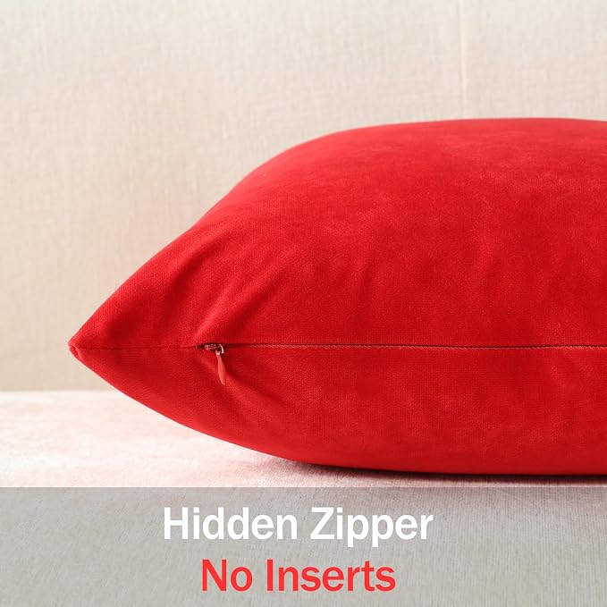 Euro Sham Covers 24x24 Christmas Red: Pack of 2 Cozy Soft Velvet Square Modern Luxury Decorative Throw Pillow Cases for Sofa Couch Living Room Bed Home Decor