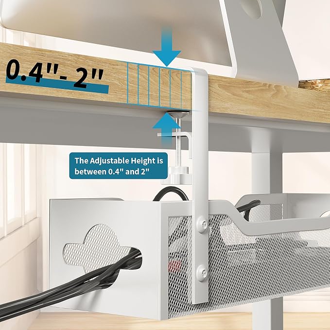 Under Desk Cable Management Tray No Drill, 13.38'' Metal Tray with Clamp for Wire Management, Litwaro Cord Organizer Home Office Damage to Standing Desk, White