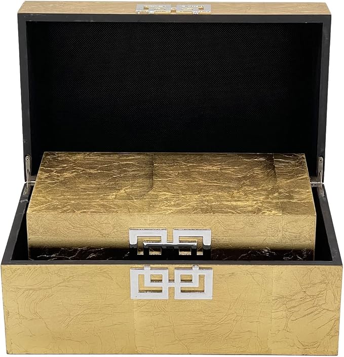 Galt International Storage Box Set Decorative Storage Box w/Hinged Lid Classic Design Wood Decor Boxes with Geometric Clasp Storage for Bedroom & Home - Set of 2 (Gold Leaf)