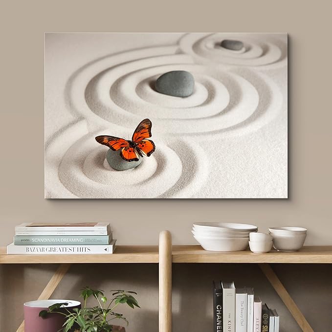 wall26 Canvas Print Wall Art Zen Garden with Stones & Monarch Butterfly Nature Wilderness Photography Realism Chic Scenic Relax/Calm Multicolor for Living Room, Bedroom, Office - 32"x48"