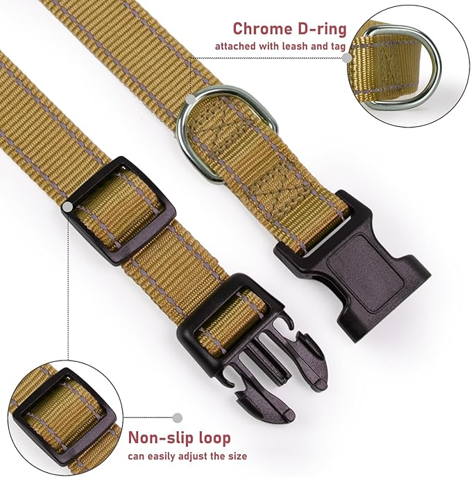 Reflective Dog Collar with Buckle Adjustable Safety Nylon Collars for Small Medium Large Dogs, Brown S