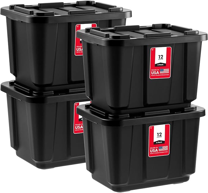 IRIS USA 4-Pack 12 Gallon Storage Bins with Lids |Made in USA| Heavy Duty Plastic Tote Containers for Truckbed Tool Box Organization, Large - Black