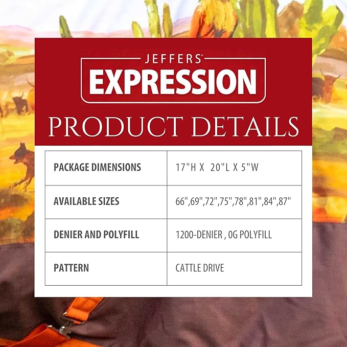Jeffers Expression 1200 Denier Standard Neck Turnout Sheet, Cattle Drive, 75"- Waterproof, Breathable Horse Sheet with 0g Polyfill, No Insulation, Ideal Protection for Wind & Rain, Lightweight