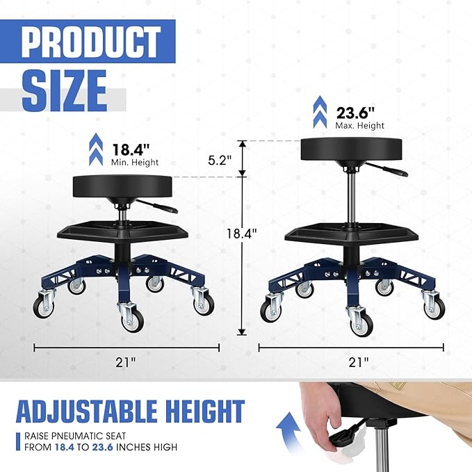 DNA Motoring Rolling Shop Stool, Adjustable Height Padded Rolling Seat, Pneumatic Roller Mechanic Stool for Garages, w/Tool Storage Tray, 300lbs Capacity, TOOLS-00636-BK-BL