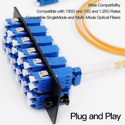 VFLTOOL 4PCS 12 Duplex LC Adapters LGX Footprint Fiber Patch Panel Loaded 24 Fiber Ports Couplers Enclosure - LC UPC Blue Compatible with SingleMode Multimode|1.25G/10GB OS1-2/OM3