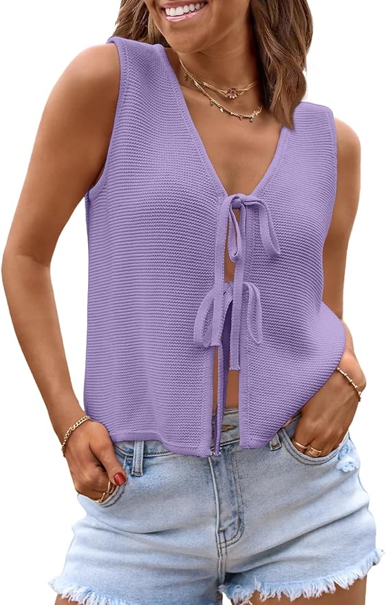 LILLUSORY Womens Tie Front Tops Vacation Sweater Vest | Bohemian Style, Beach Resort Wear, Concert Western Outfits, Crochet Tops, Vacation Outfits, Cute Y2k Sleeveless 2026