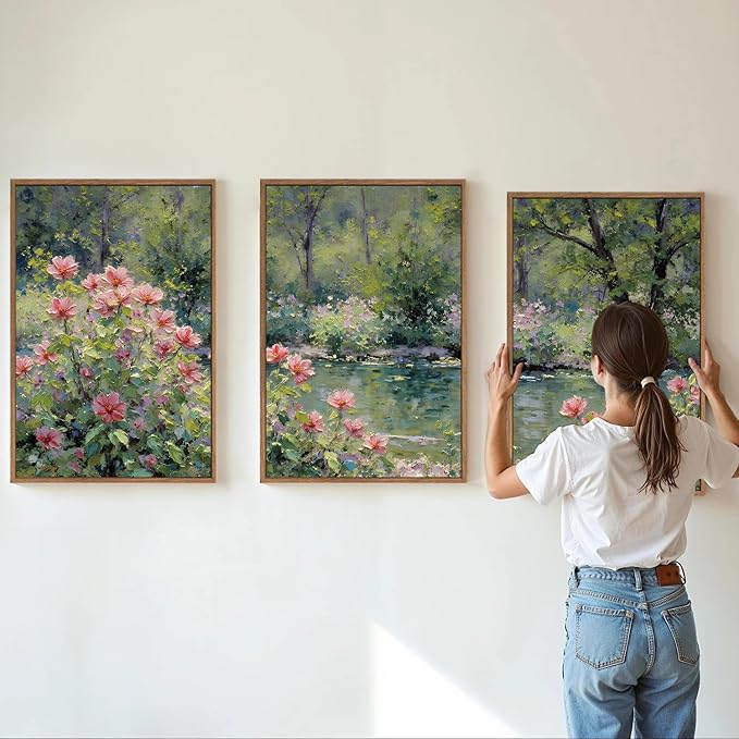 YeeHomedec Monet Botanical Framed Canvas Wall Art, Impressionist Floral Garden Wall Decor, Vintage Flower Pond Tree Artwork, Nature Landscape Art Paintings for Living Room Bedroom Bathroom 16"x24"x3