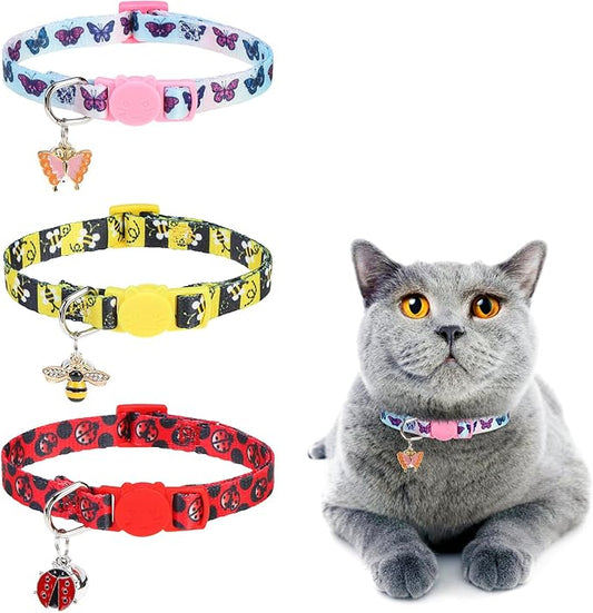 Cat Collar Breakaway with Bells, 3 Pack Spring Flower Cat Collars for Girl Boy Cats, Cute Kitten Collars with Safety Buckle Adjustable 8"-12" for Outdoor Indoor Kitty Puppy Small Pets, Insect