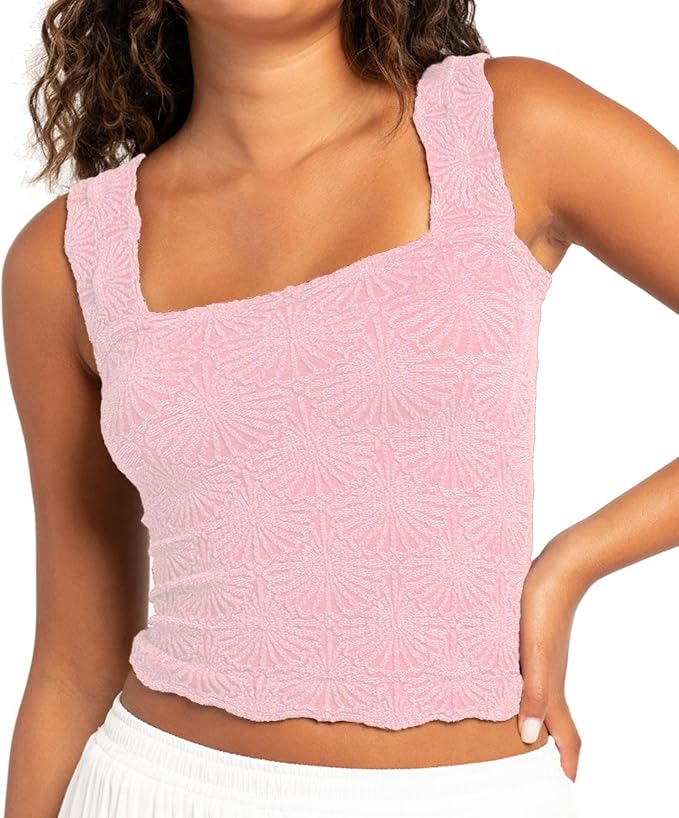 Women's Square Neck Wide Strap Crop Tank Tops Flower Going Out Tops Slim Fit Lettuce Trim Crop Cami Tops