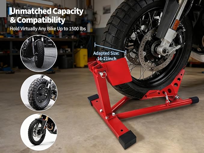 Garvee Universal Wheel Chock & Motorcycle Stand Heavy Duty 1500Lb Capacity Adjustable Motorcycle Wheel Chock 16''-21'' for Trailers, Cruiser, Sport and Dirt Bikes, Ideal Garage and Transport Solution