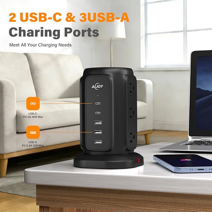 AiJoy Tower Surge Protector Power Strip, 14-Device Charging Station with 9 AC Outlets & 5 USB (2 USB-C), 1200J Surge Protection, 6.5FT Flat Plug Extension Cord, Wide-Spaced Outlets, Individual Switch