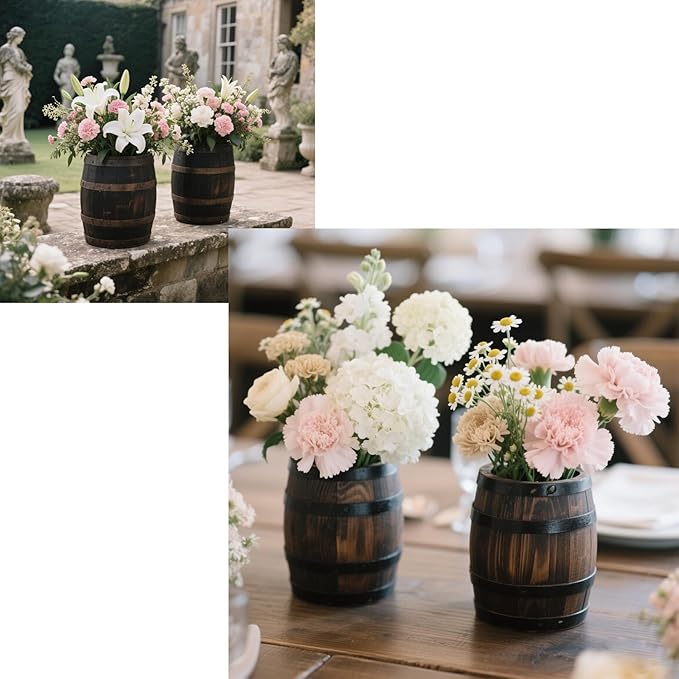 2 Pcs Wood Wine Barrel Vase 6" x 5" – Rustic Wooden Flower Vase Planter for Wedding Reception, Home Indoor Outdoor Garden, Kitchen, Party Table Decoration