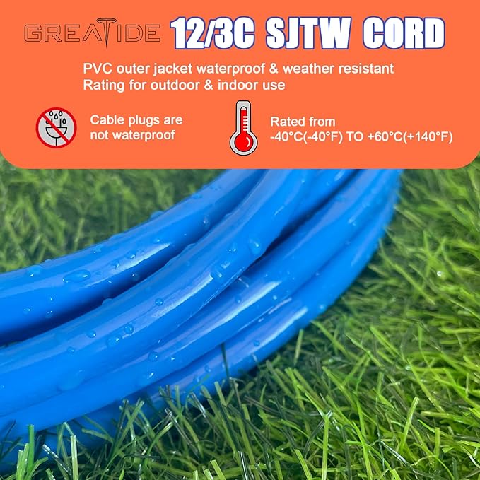 Indoor Extension Cord with Lighted End, 12 Gauge Heavy Duty Extension Cord 3 FT, 3 Prong Grounded 15 Amp Extension Cord, 12/3 SJTW Power Cord for Garage, Garden, Appliance, UL Listed, Blue
