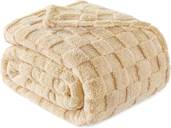 Exclusivo Mezcla 3D Checkered Fleece Queen Blanket for Bed, Camel | Super Soft and Cozy Fluffy Blanket, Lightweight, Breathable, Decorative Blanket for Living Room, Bedroom, All Season, 90"x90"