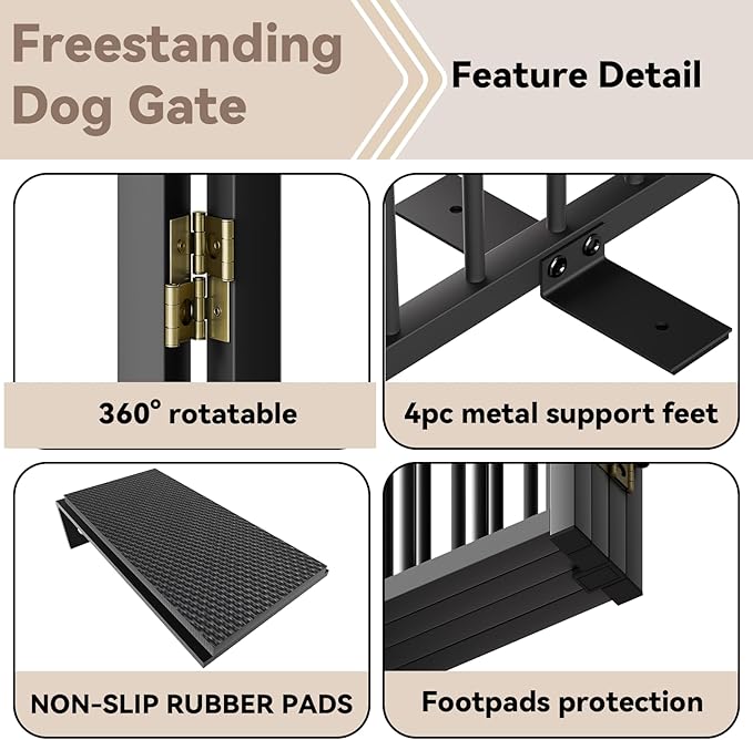 Full Metal Freestanding Dog Gate with Door, 32''Height Foldable Pet Dog Fence for Indoor & Outdoor, 8 Panels Extra Wide Free Standing TallDog Gates for Doorways,House,Stairs,Porch,Deck,Yard