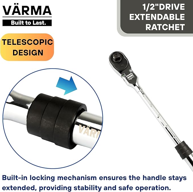 1/2" Drive Ratchet – 13.7–19.2" 6-Stage Extendable Handle, 90T Flex Head, Quick Release, Chrome Vanadium