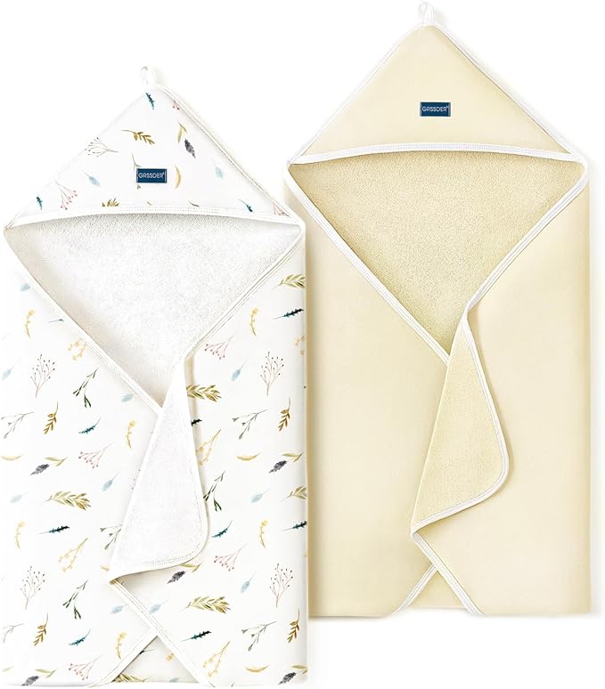 GRSSDER Baby Hooded Towel 2 Pack for Newborn, Super Soft Bath Towels with Original Designs, Ultra Absorbent Knit Terry, Large Toddler Towels with Hood for Boys Girls, Shower Gifts for Infant,34"x 34"