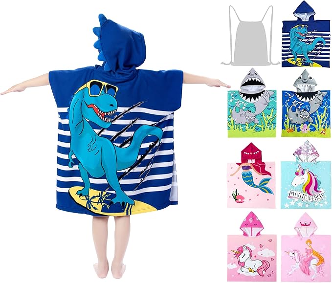 Hooded Kids Beach Towels - Toddler Bath Towel Girls Boys Swim Cover-ups for Ages 4 to 10 Kids Pool Towels Quick Dry Lightweight Soft Microfiber Poncho 30x30 with Bag (Navy Dinosaur)