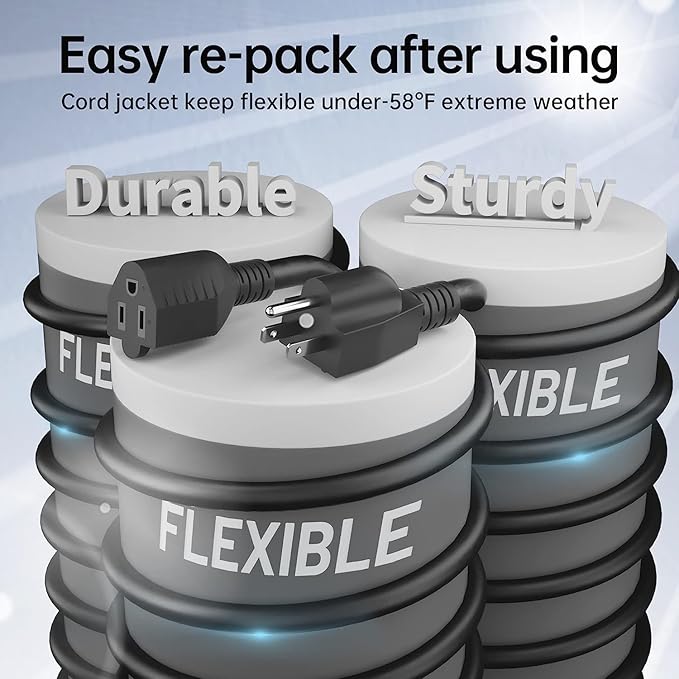 PlugSaf 2 Pack of 3Ft Black Outdoor Extension Cord 16/3 Gauge Waterproof, Cold Weatherproof -58°F, Flame Retardant, Flexible 3 Prong Electric Cord for Lawn Office,13A 1625W 16AWG SJTW, ETL Listed