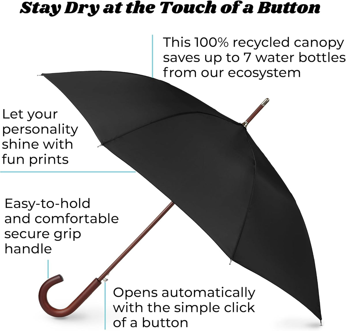 Totes Auto Open Umbrella - Water Repellent Design with Classic Wood J Hook Handle