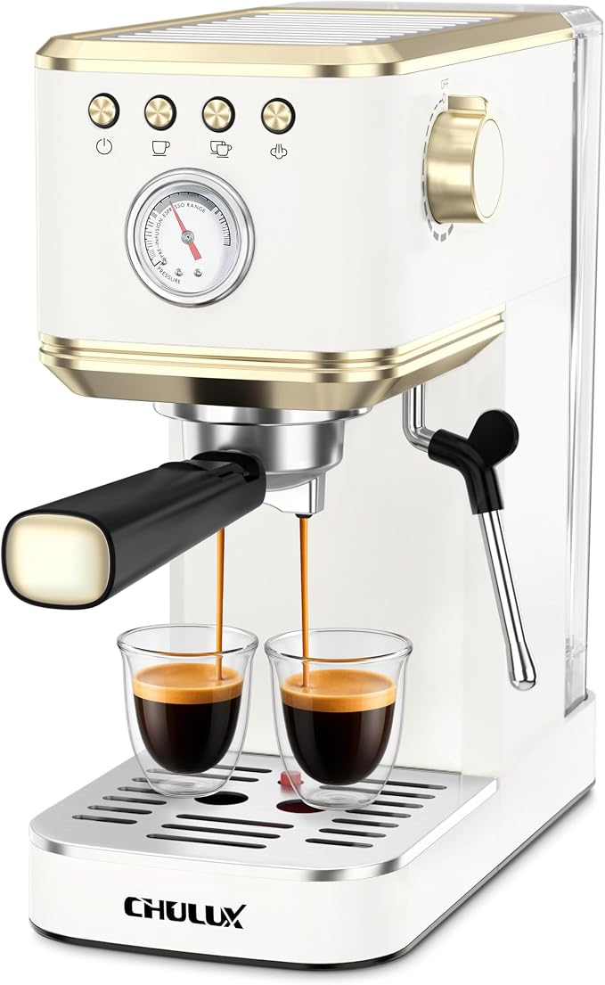 CHULUX Slim Espresso Machine with Milk Frother for Home Latte, White & Gold | Precise Pressure Gauge, Food-Grade Materials, 20 Bar Italian Pump, Professional Temperature Control System, Stainless Steel