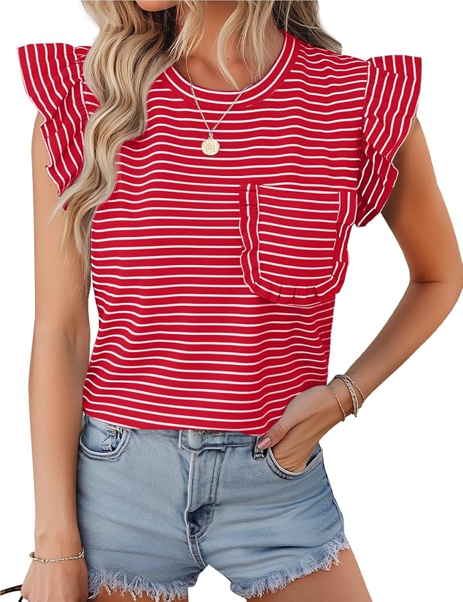 JUSTFASHIONNOW Womens Summer Tops Striped T-Shirts 2026 Ruffle Short Sleeve Crew Neck Casual Blouses with Pocket