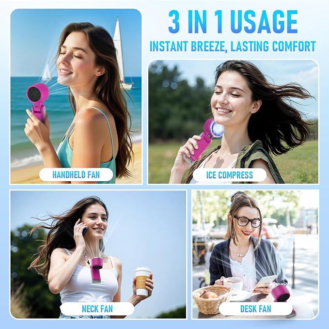 PlayHot Portable Handheld Turbo Fan with Ice Cooling, Rechargeable Personal Fan, Up tp 12Hrs Cooling, 5 Speed 25550RPM Powerful Portable Fan for Travel, Outdoor, Camping, Hiking (Magenta)