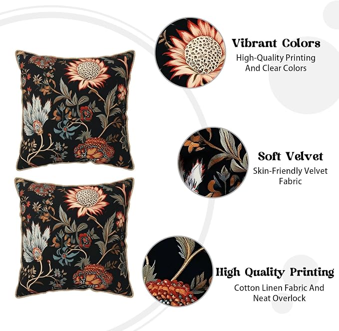 Vintage Red Orange Blue Floral Velvet Pillow Covers 16x16 Inch Retro Abstract Boho Flowers Throw Pillows For Couch Cushion Covers Pillowcase Bohemian Farmhouse Pillow Cases for Sofa Bed Bedroom
