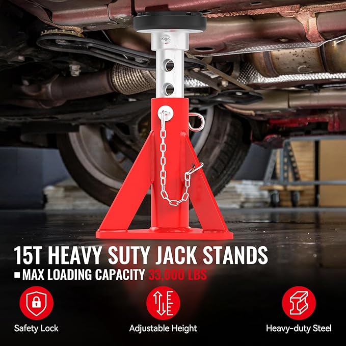 Jack Stands 15 Ton Capacity, Heavy Duty Vehicle Stabilizer Jacks with Safety Pins,2 Pcs Trailer Support Jack Stands for RV, SUV, Pickup Truck, Car, UTV, Adjustable from 10" to 16"
