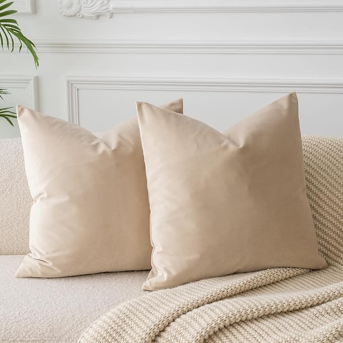 22x22 Velvet Throw Pillow Covers Set of 2 for Couch Sofa Bed,Khaki | JUSPURBET Decorative Pillow Covers with Invisible Zipper for Modern Living Room Bedroom Home Decor