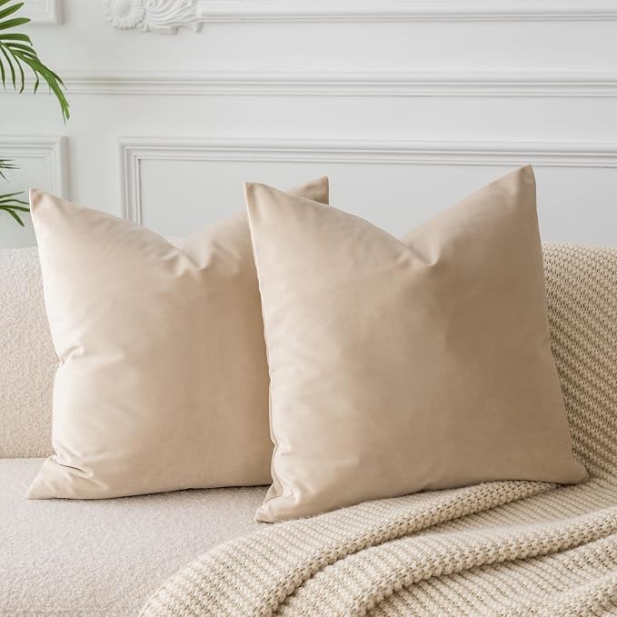 Throw Pillow Covers Set of 2 for Couch Bed Velvet Cushion Cover 14x14,Khaki | Decorative Pillow Covers with Invisible Zipper for Sofa Living Room Bedroom Home Decor Modern
