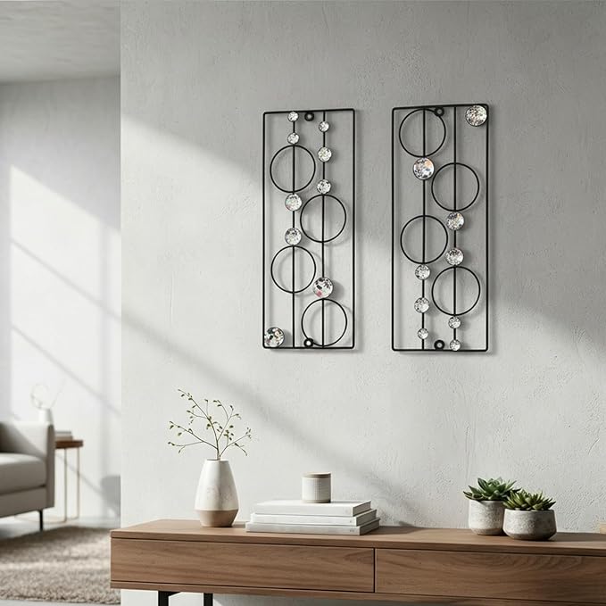 ZEXUIRU 2 Pcs Abstract Metal Art for Wall Decor Living Room Bedroom Bathroom Office Metal Bling Modern Geometric Hanging Vertical Small Iron Sculpture Plaque Pack -Black 15.7in