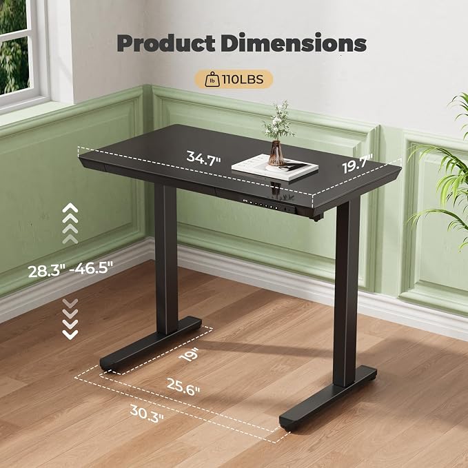 35" Electric Standing Desk with Drawer, One-Piece Glass Top | Quick Install One-Piece Tabletop with USB Charging Ports, Sit Stand Computer Desk with Wheels for Small Space, Black