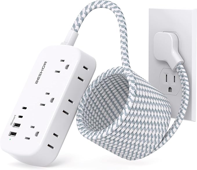15FT Flat Extension Cord, BESHON Flat Plug Power Strip with USB C, Ultra Thin Flat Plug Extension Cord - 6 Outlets with 4 USB Ports(2 USB C Outlet), No Surge Protector for Dorm Room Travel Essentials