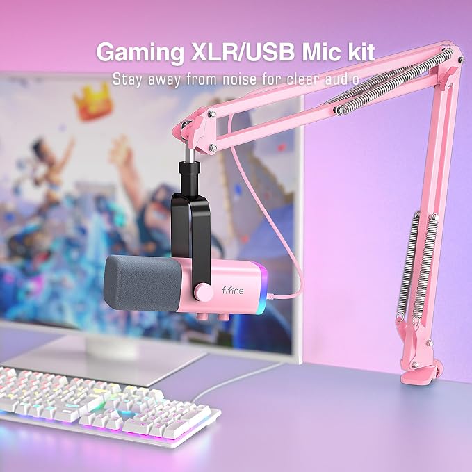 FIFINE AmpliGame AM8TP XLR Gaming Microphone USB PC Dynamic Mic Kit | Streaming RGB Mic with Headphone Jack, Mute Button, Boom Arm Stand for Computer/Mixer, for Vocal, Recording, Podcast, Pink