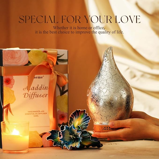 Porseme Essential Oil Diffuser Glass Aromatherapy Ultrasonic Humidifier, Air Refresh Auto Shut-Off, Timer Setting, BPA Free for Home Hotel Yoga Leisure SPA Gift 150ml Last 6H