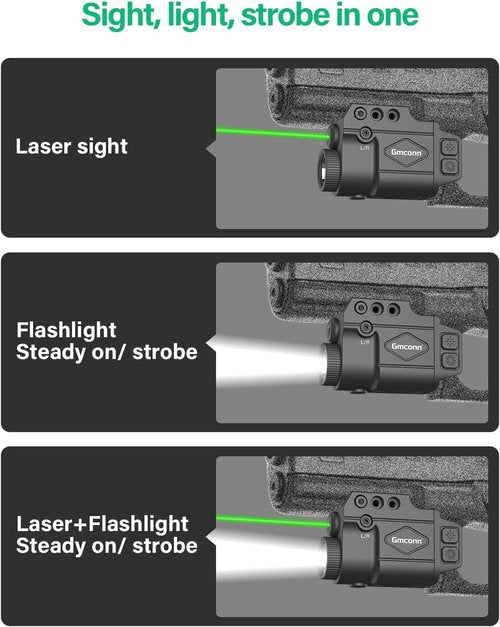 Gmconn Tactical Flashlight - 800 Lumen with Green Laser Sight & Strobe Function | Rechargeable Gun Light