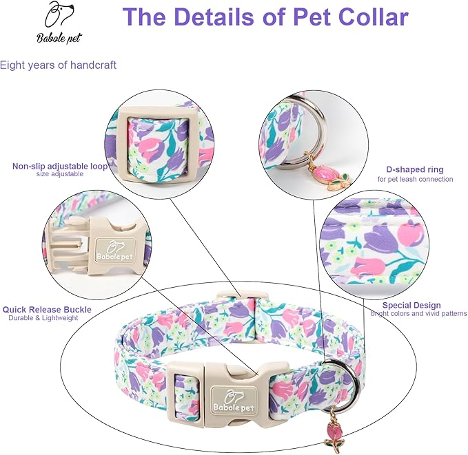 Floral Dog Collar for Small Dogs - Pink Purple Tulips Print Dog Collars, Spring Summer Cute Flower Puppy Collar, Lightweight Adjustable April Holiday Boy Girl Dogs Collars XS