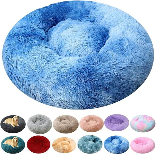 Calming Small Dog Bed Cat Bed, 36 Inch Donut Fluffy Anti-Anxiety Round Bed Washable Cute Bed, Cuddler Warming Cozy Soft Bed, Plush Cushion Bed for Small Medium Dogs and Cats (Blue White)