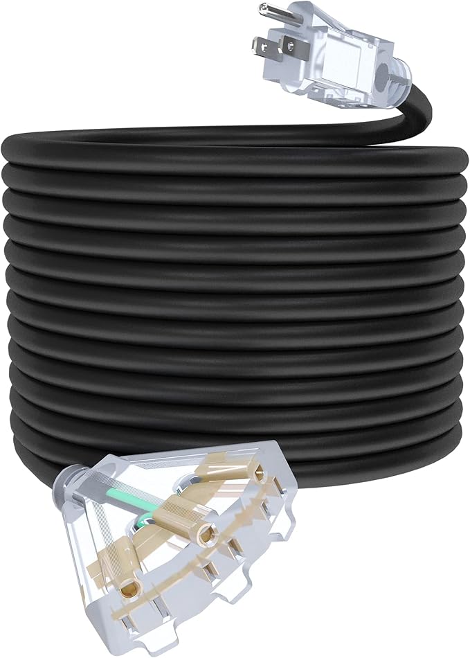50Ft 12/3 Outdoor Extension Cord with 3-Outlets, Heavy Duty 12 Gauge 3 Prong Extension Cord Waterproof with Lighted end, 15A 12AWG 1875W SJTW, ETL Listed - Great for Garage, Garden and Home, Black