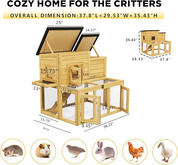 Large Wooden Bunny Rabbit Hutch Indoor Outdoor,Medium Elevated Chicken Coop for 2-4 Chickens,Poultry Pet Run Cage with Non-Slip Ramp & Removable Tray for Small-Medium Animals (Natural Wood)