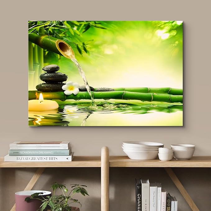 wall26 Canvas Print Wall Art Zen Green Bamboo Daisy Flower Massage Stone Spa Jungle Nature Wilderness Photography Realism Landscape Colorful Multicolor for Living Room, Bedroom, Bathroom - 12"x18"